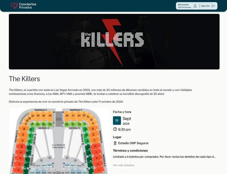 Conciertos Privados: detalle de un concierto con mapa de zonas, fecha, lugar y selección de boletos.