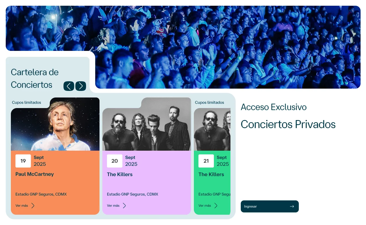 Conciertos Privados: portada con la cartelera de conciertos y el acceso exclusivo para ingresar.