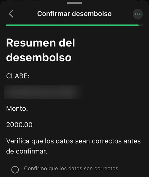 WhatsApp con Meta Flows: resumen del desembolso para confirmar. La CLABE aparece difuminada.