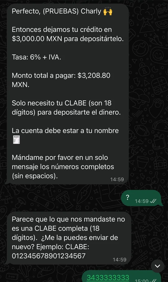 MVP en WhatsApp: el flujo pide la CLABE por mensaje y no la reconoce cuando el tendero escribe otra cosa.