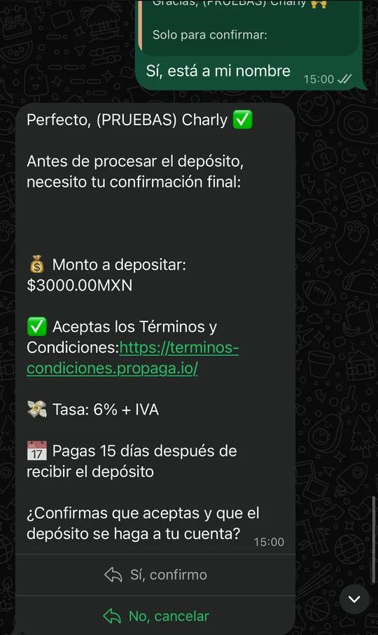 MVP en WhatsApp: confirmación final con monto, términos, tasa de 6% + IVA y pago a 15 días.