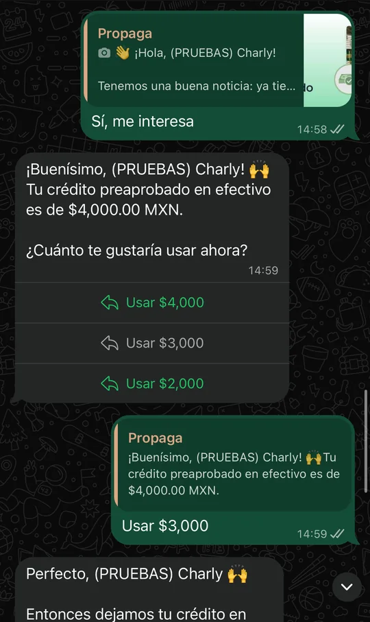 MVP en WhatsApp: el tendero solo puede elegir entre tres montos, $4,000, $3,000 o $2,000.