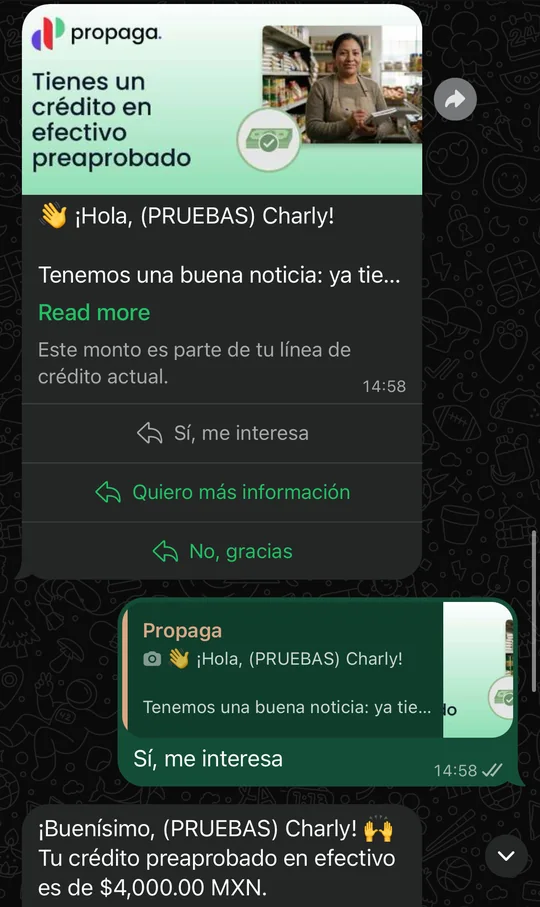 MVP en WhatsApp: Propaga ofrece un crédito en efectivo preaprobado con las opciones