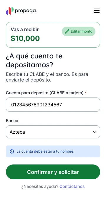 Portal web: formulario para la cuenta de depósito con CLABE y banco, y el aviso de que la cuenta debe estar a nombre del tendero.