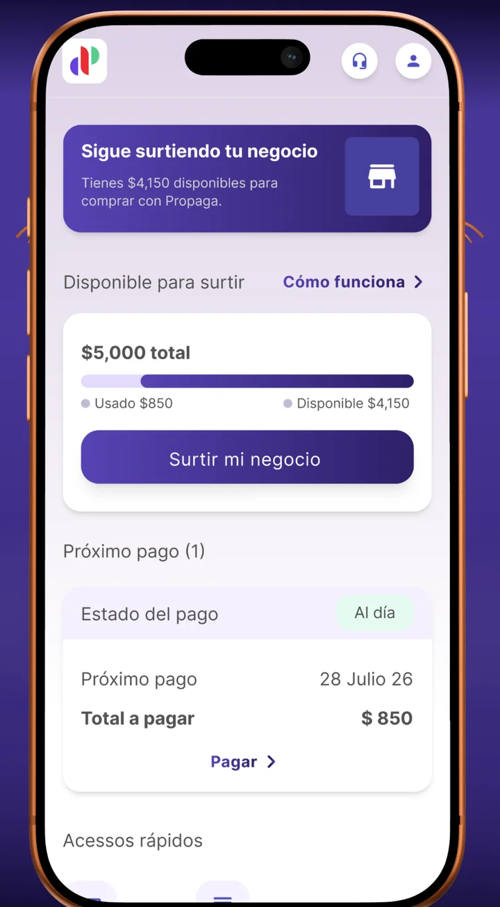App de Propaga: inicio con $5,000 de línea total, $4,150 disponibles para surtir y el próximo pago al día.