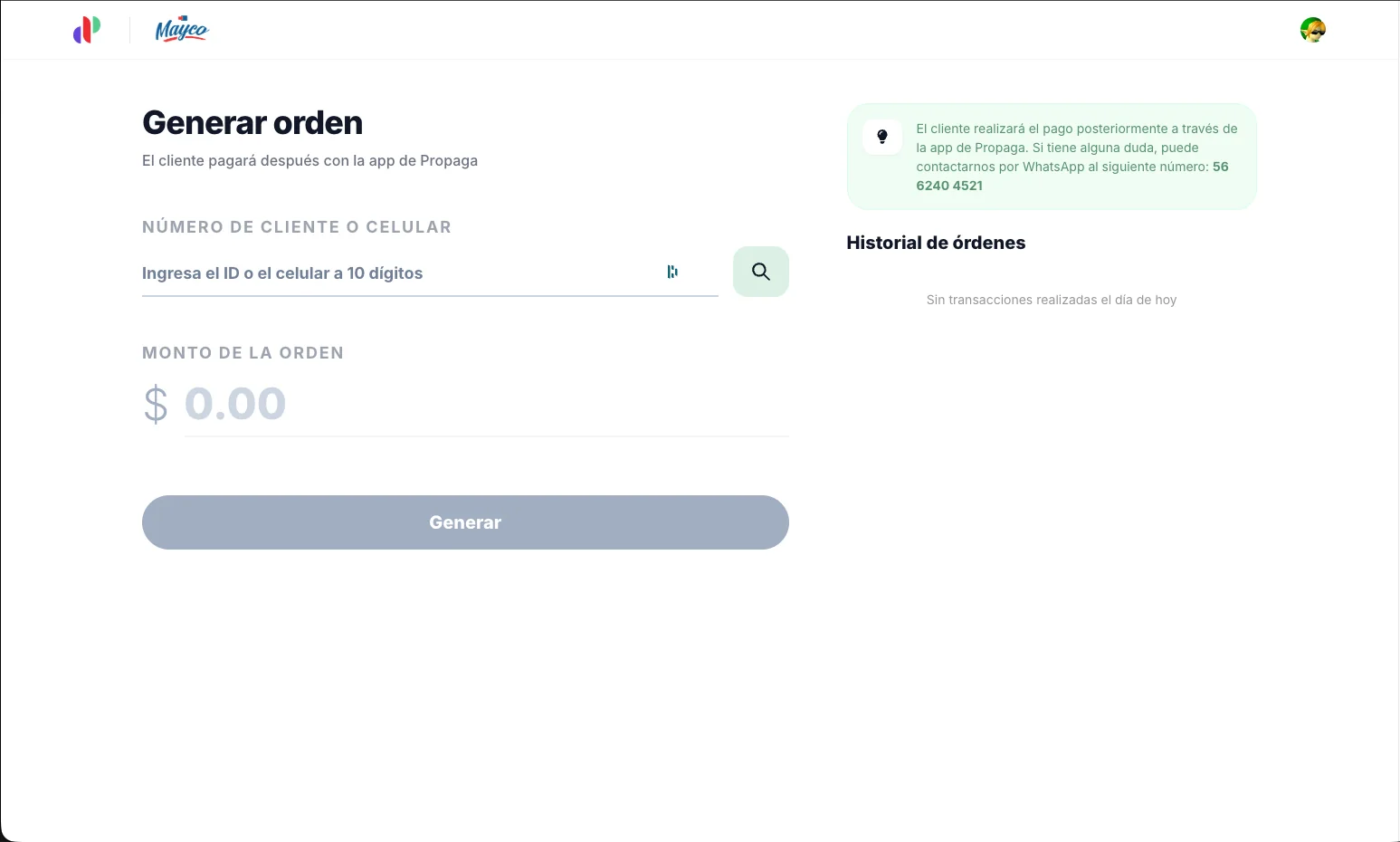 Portal del distribuidor Mayco en Propaga: pantalla 