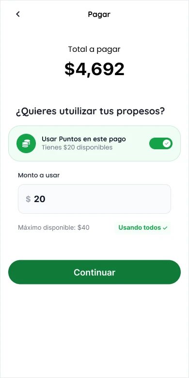 Pantalla de pago: el tendero puede usar sus Propesos disponibles como descuento en su pago.